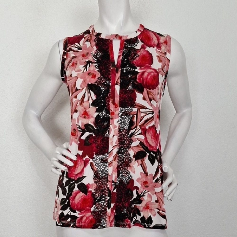 Karl Lagerfeld Red Black Pink Floral Front Keyhole Lace Sleeveless Blouse Size M